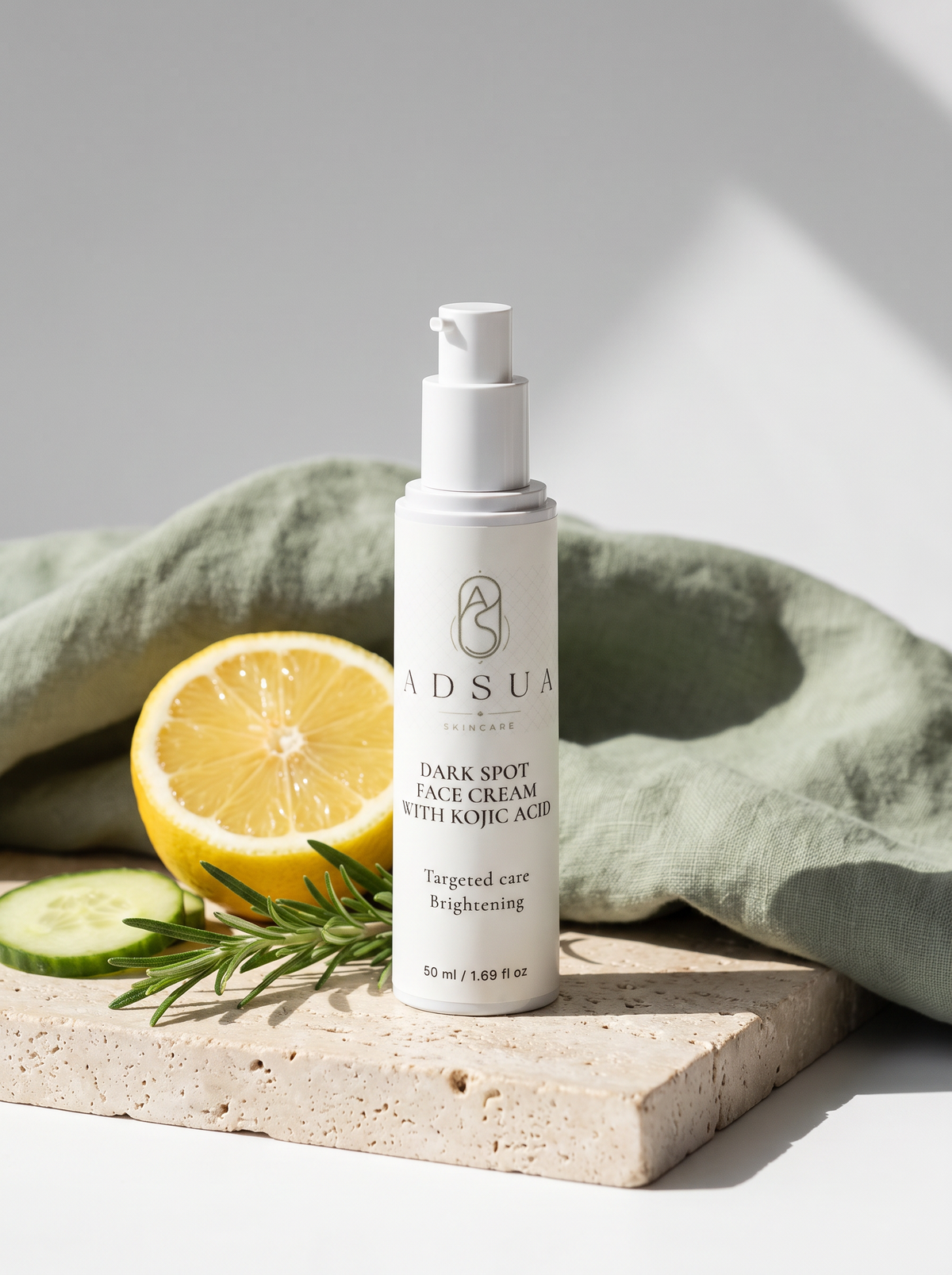 Adsua Dark Spot Face Cream op travertijn met saliegroen linnen, een halve citroen, komkommer en rozemarijn