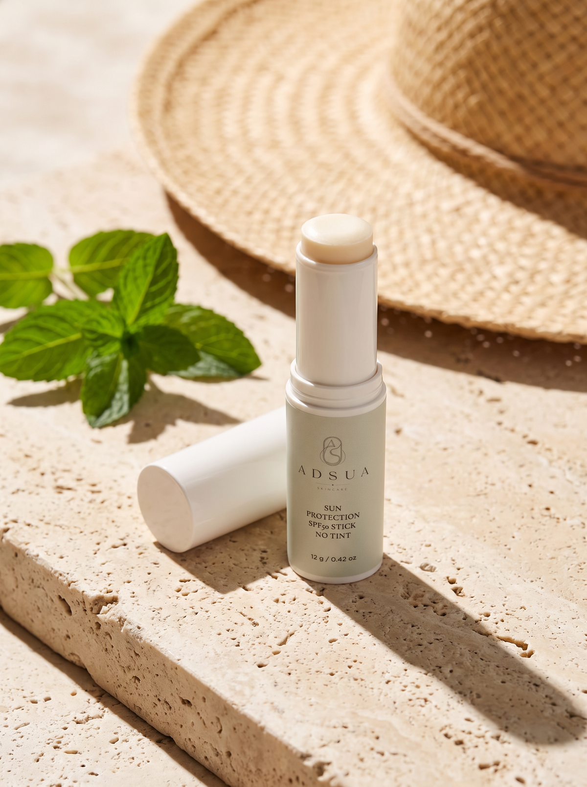 Adsua Sun Protection SPF50 Stick geopend op een travertijnen rand in fel zonlicht, met munt en de rand van een strohoed