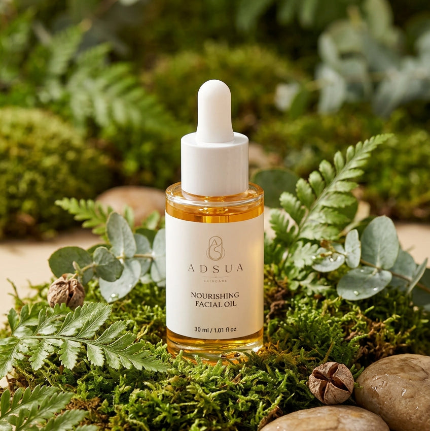 Adsua Nourishing Facial Oil, glazen pipetflesje van 30 ml met amberkleurige olie