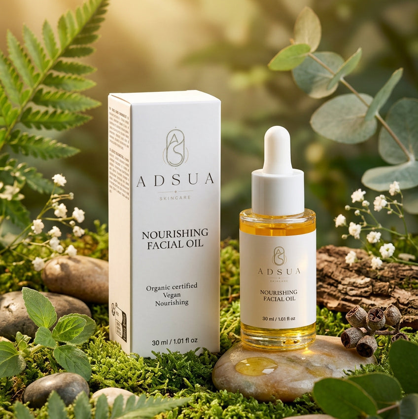 Adsua Nourishing Facial Oil van 30 ml naast het doosje, amberkleurige olie in een glazen pipetflesje