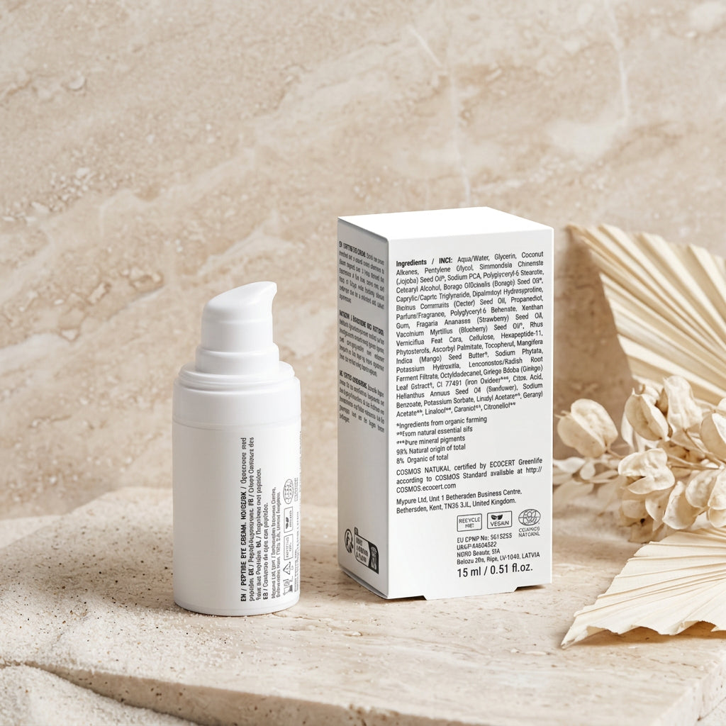 De achterkant van de verpakking van de Adsua Peptide Age-Defying Eye Cream met de ingrediëntenlijst