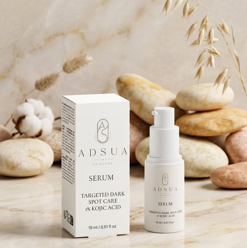 Adsua Targeted Dark Spot Care met 1% kojiczuur van 15 ml naast het doosje