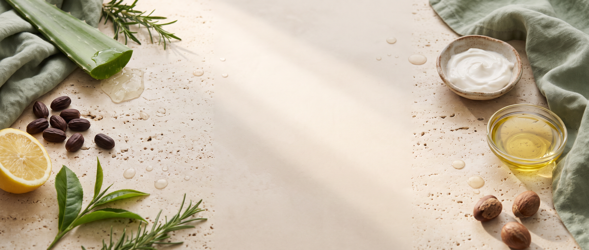Natuurlijke ingrediënten op travertijn: aloë vera, jojobazaadjes, citroen, groene thee, rozemarijn, sheanoten, een schaaltje crème en een schaaltje olie