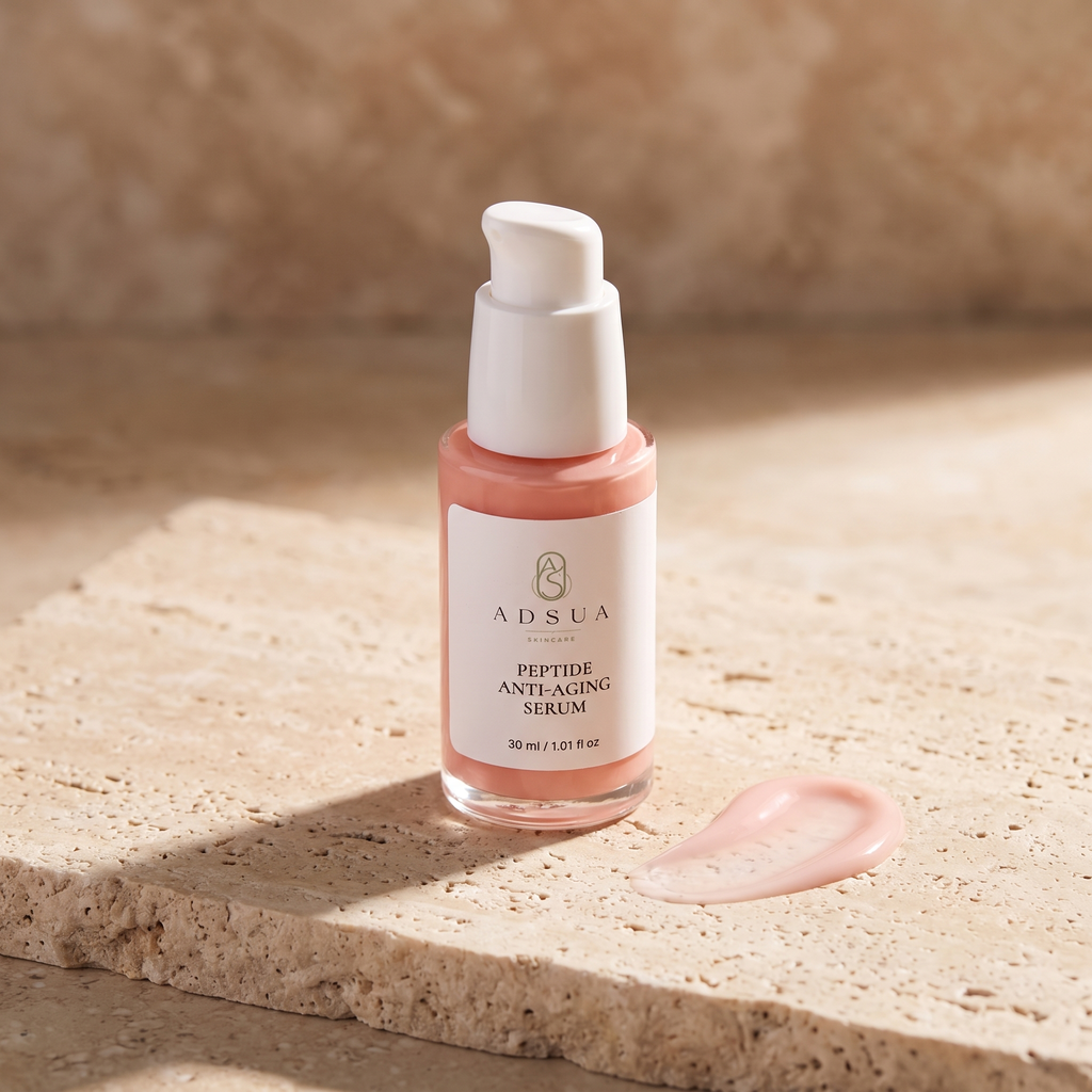 Adsua Peptide Anti-Aging Serum op travertijn met een veeg roze serum ernaast