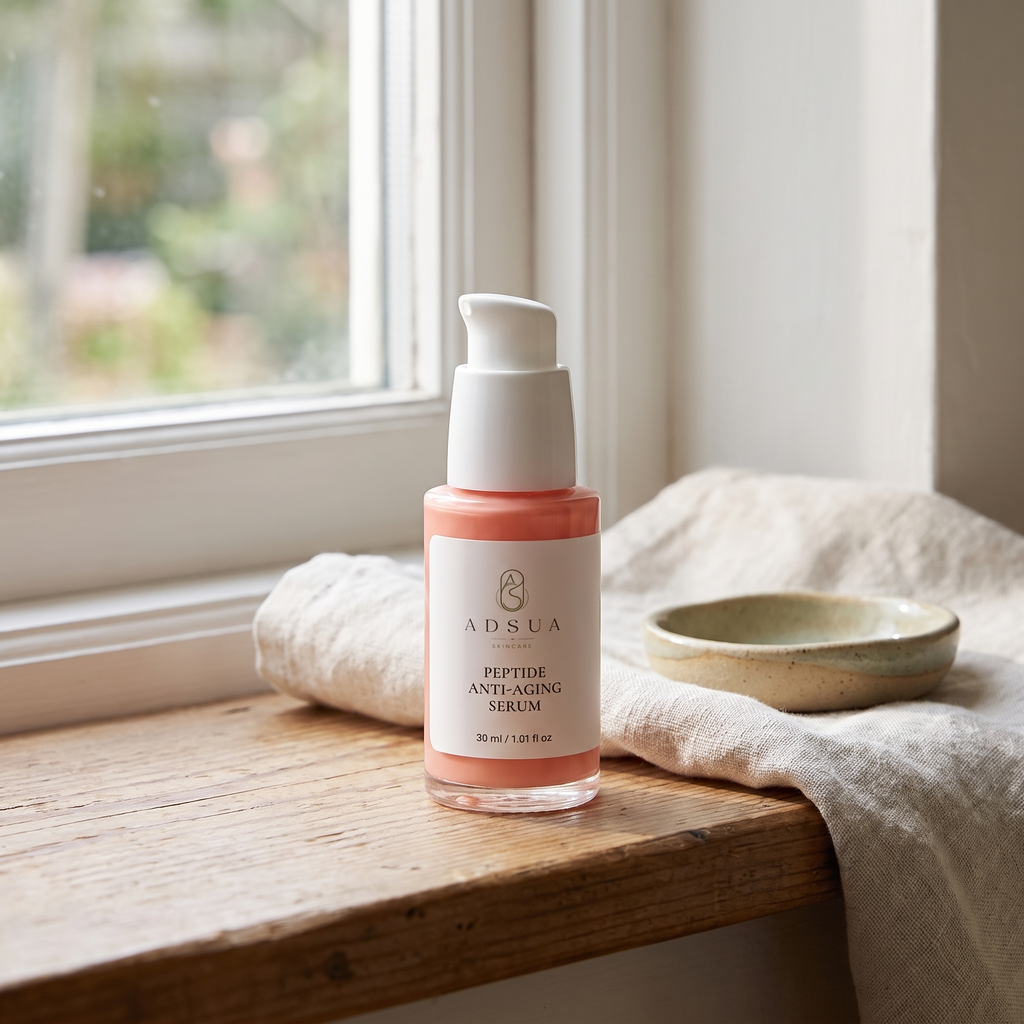 Adsua Peptide Anti-Aging Serum naast een linnen doek en een keramiek schaaltje bij het raam