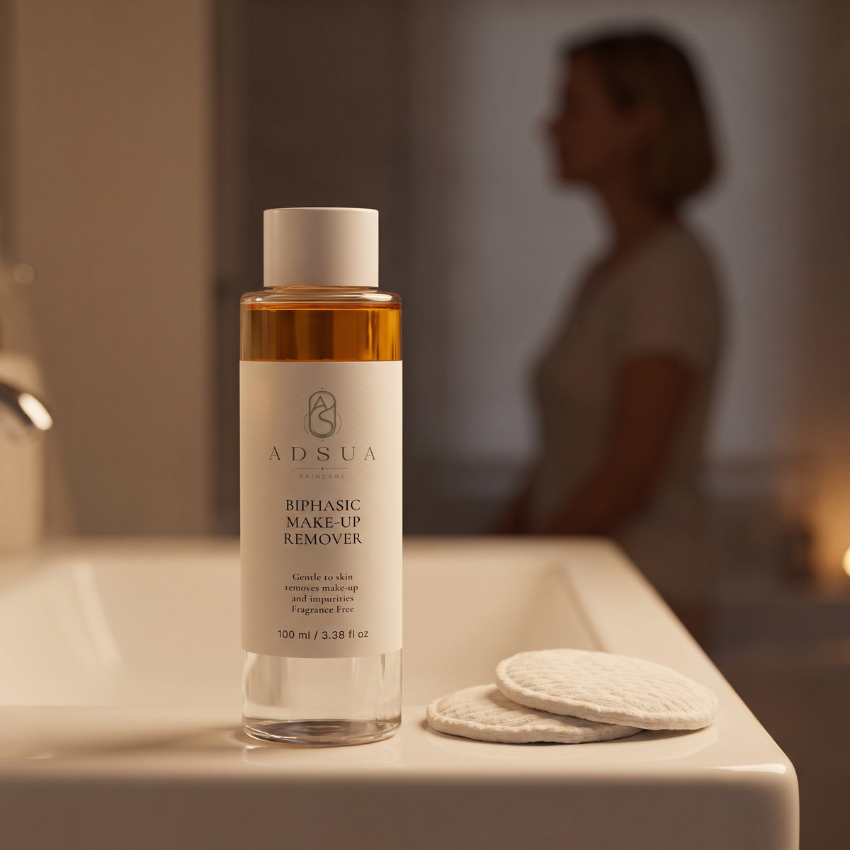 Adsua BiPhasic Make-up Remover op de rand van de wastafel bij avondlicht, met een vrouw op de achtergrond