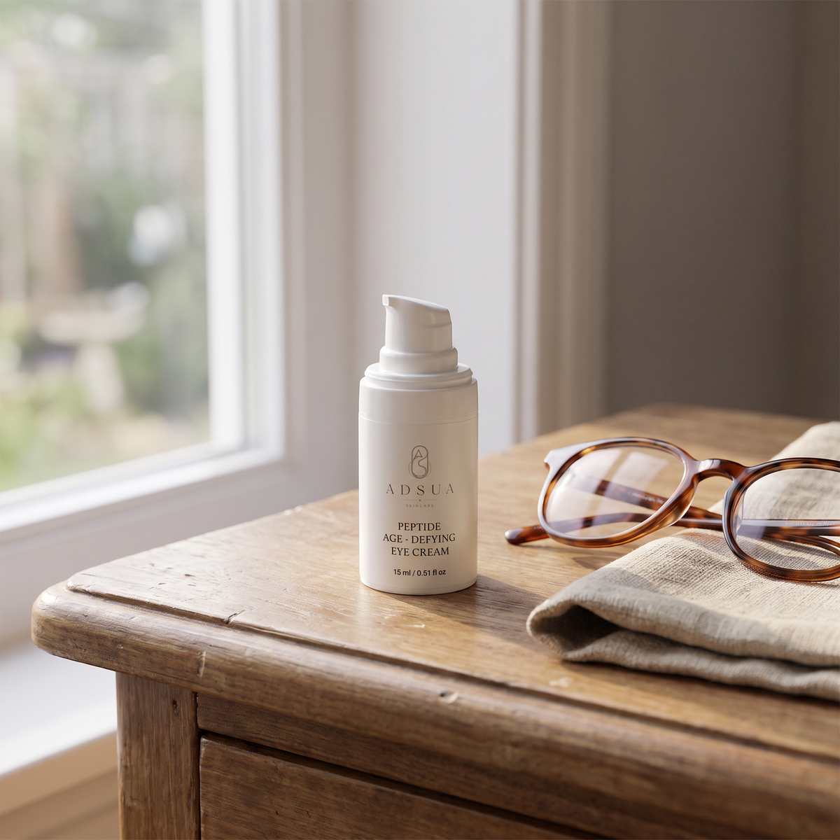Adsua Peptide Age-Defying Eye Cream op een nachtkastje bij het raam, naast een leesbril en een linnen doek