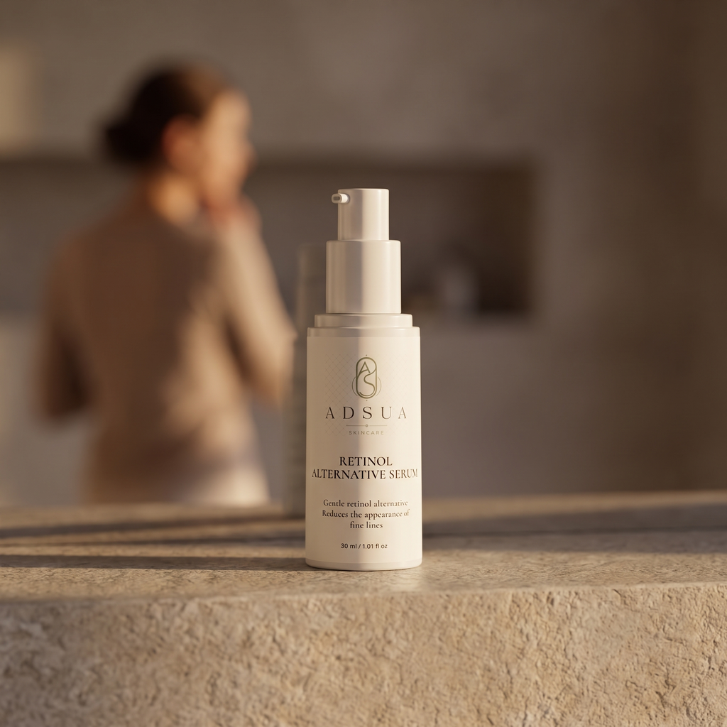 Adsua Retinol Alternative Serum op een stenen badkamerplank bij avondlicht, met een vrouw op de achtergrond