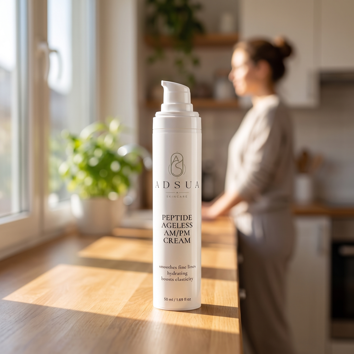 Adsua Peptide Ageless AM/PM Cream op de keukenvensterbank in de ochtendzon, met een vrouw op de achtergrond