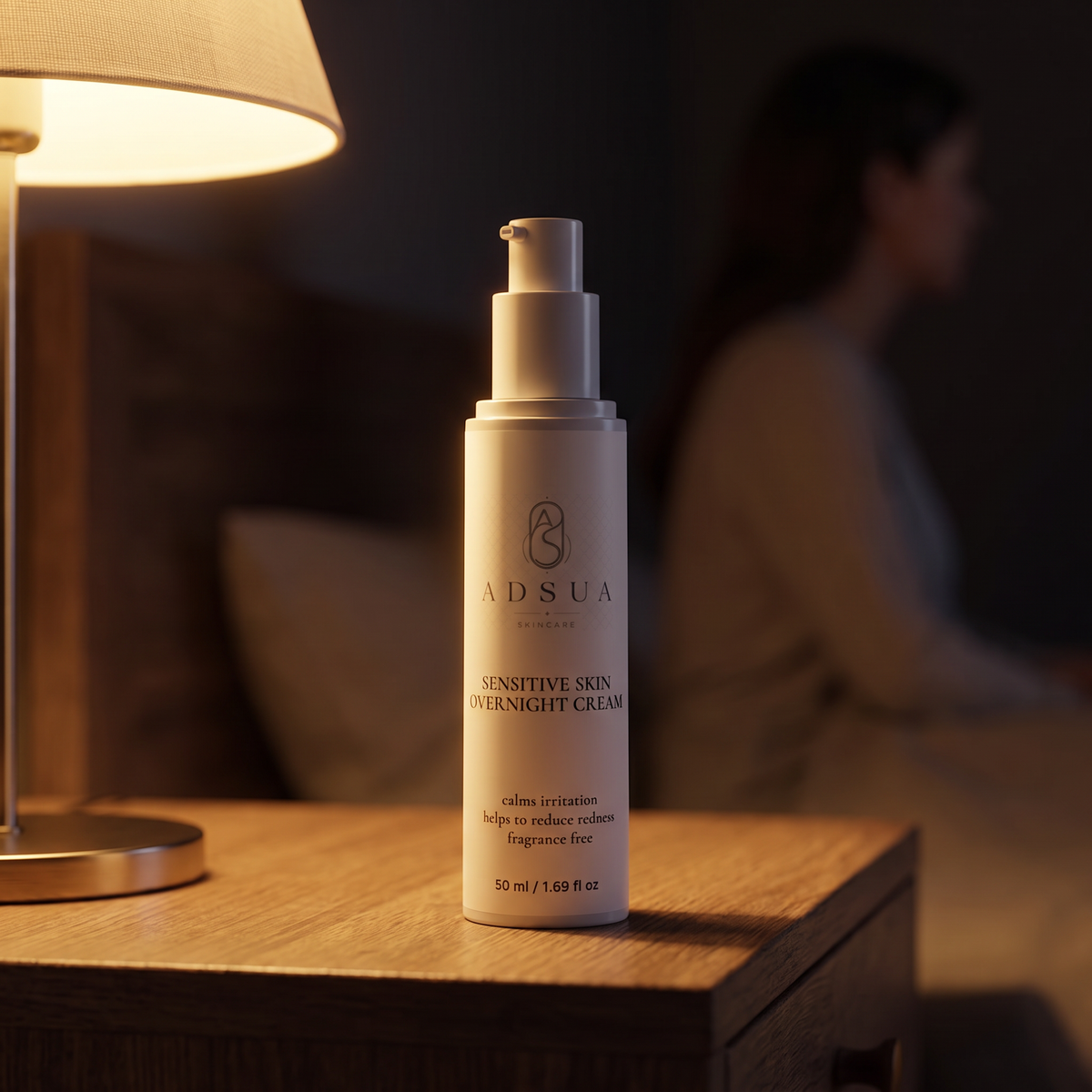 Parfumvrije Adsua Sensitive Skin Overnight Cream op het nachtkastje bij lamplicht, met een vrouw op de achtergrond