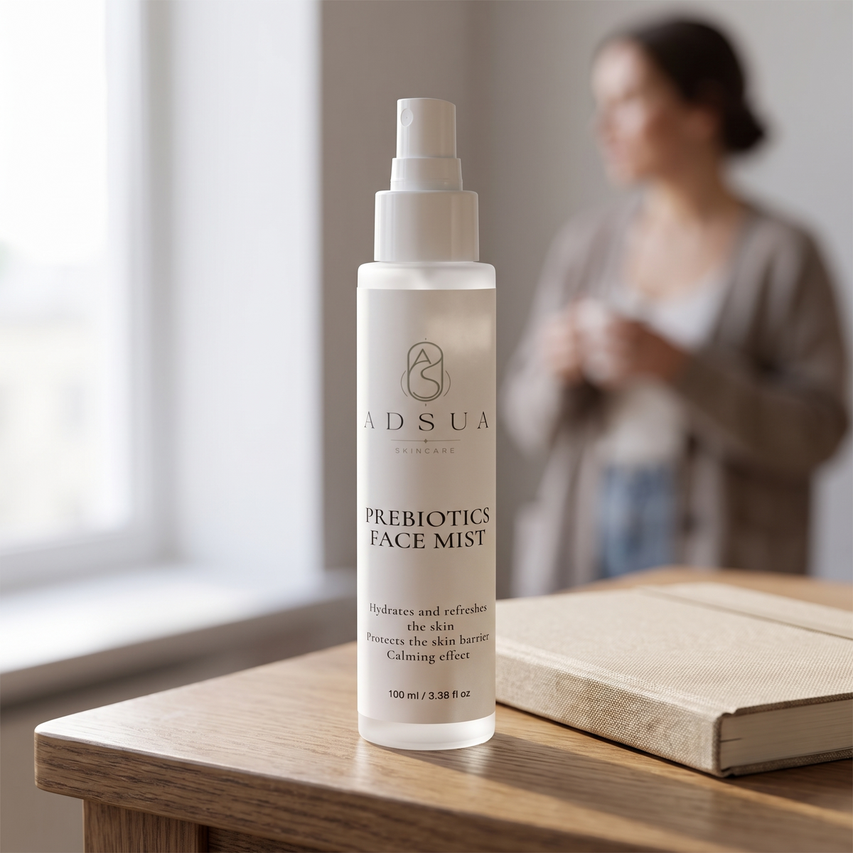 Adsua Prebiotics Face Mist op het bureau bij daglicht, met een vrouw op de achtergrond