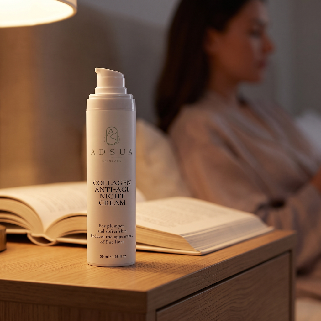 Adsua Collagen Anti-Age Night Cream op het nachtkastje bij lamplicht, met een vrouw op de achtergrond
