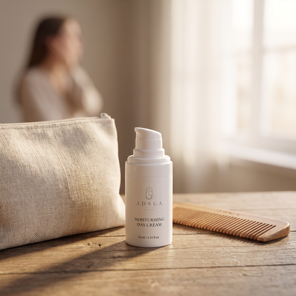 Adsua Moisturising Day Cream op de kaptafel in het ochtendlicht, met een vrouw op de achtergrond