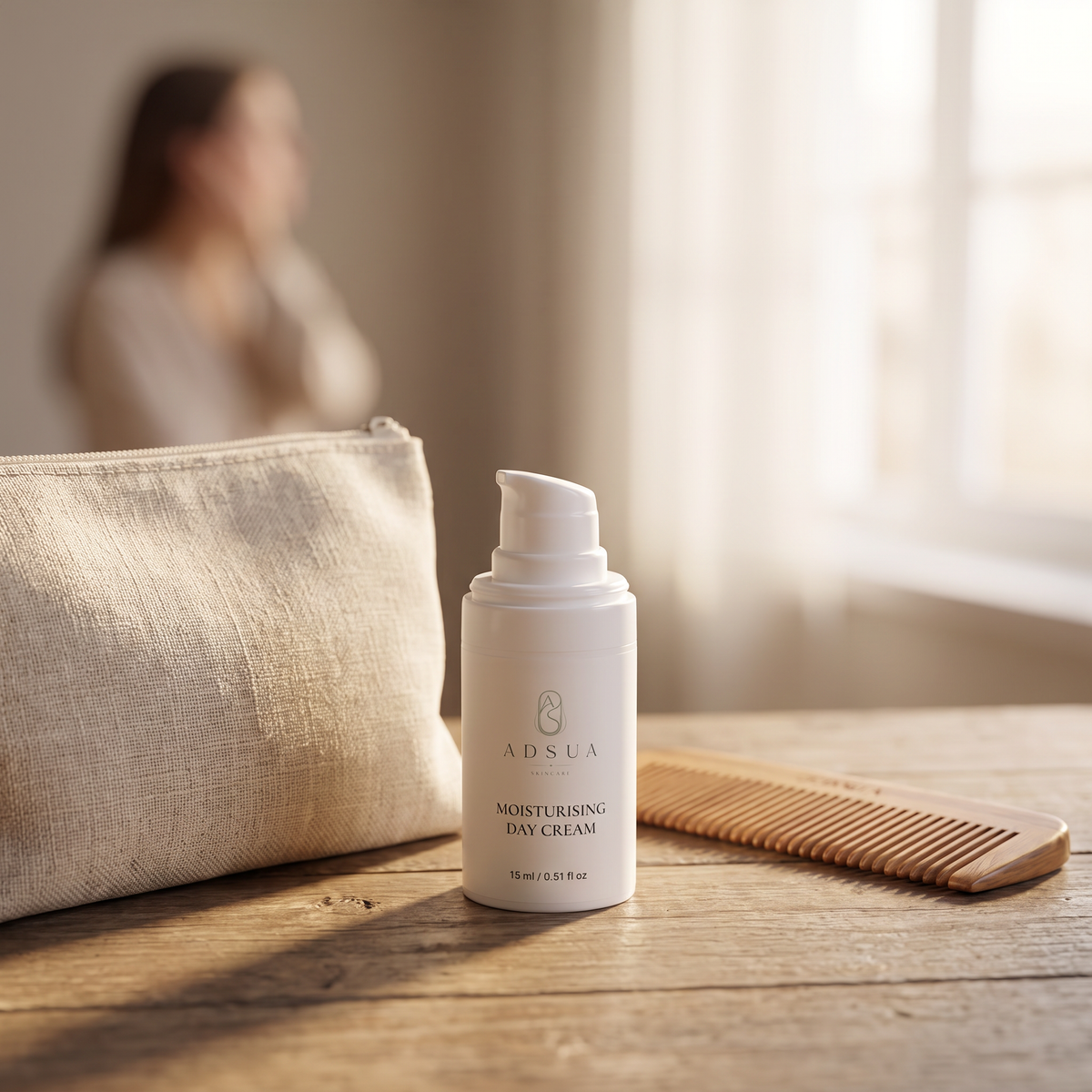 Adsua Moisturising Day Cream op de kaptafel in het ochtendlicht, met een vrouw op de achtergrond