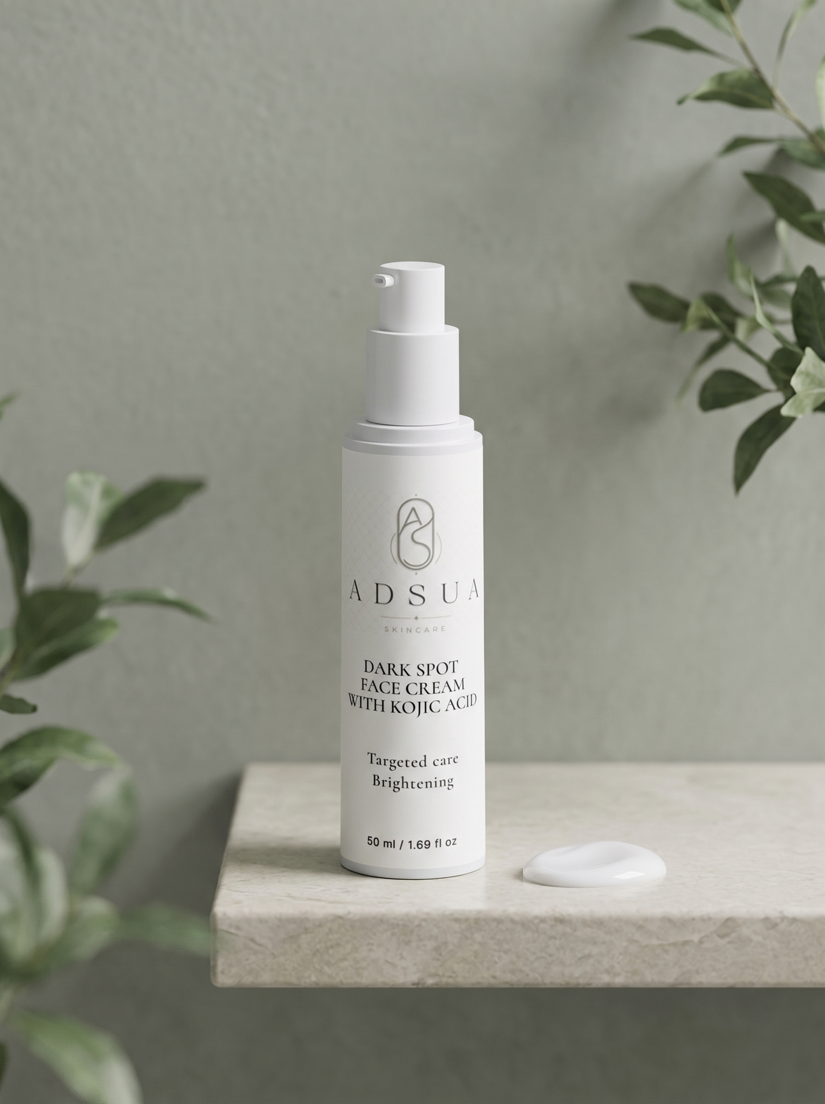 Adsua Dark Spot Face Cream op een stenen plank tegen een zachtgroene muur, met een dotje crème ernaast