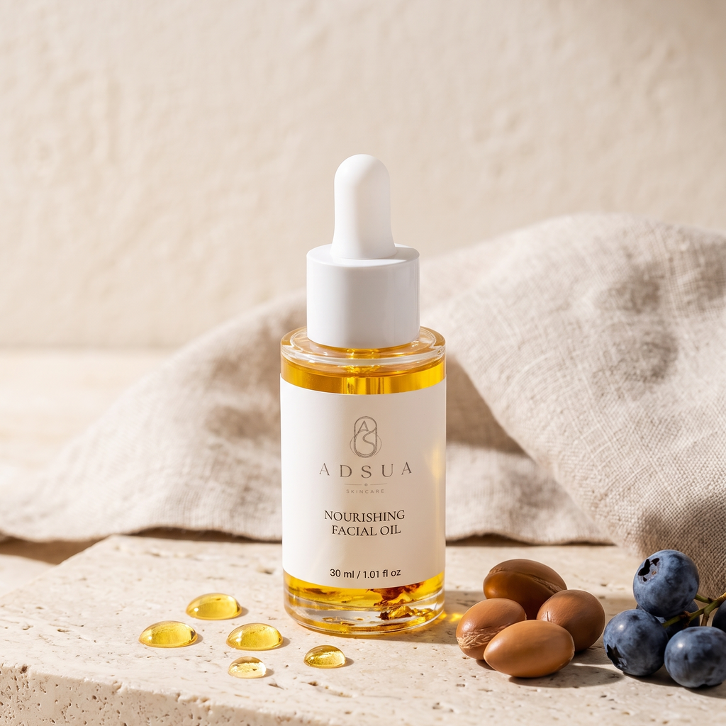 Adsua Nourishing Facial Oil op travertijn in ochtendlicht, met gouden oliedruppels, arganpitten en bosbessen