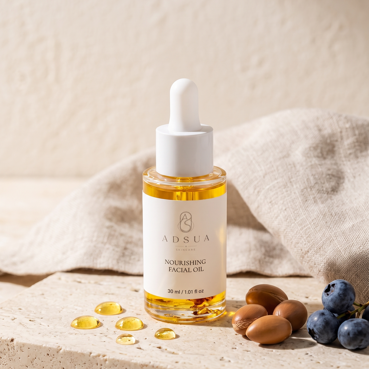 Adsua Nourishing Facial Oil op travertijn in ochtendlicht, met gouden oliedruppels, arganpitten en bosbessen