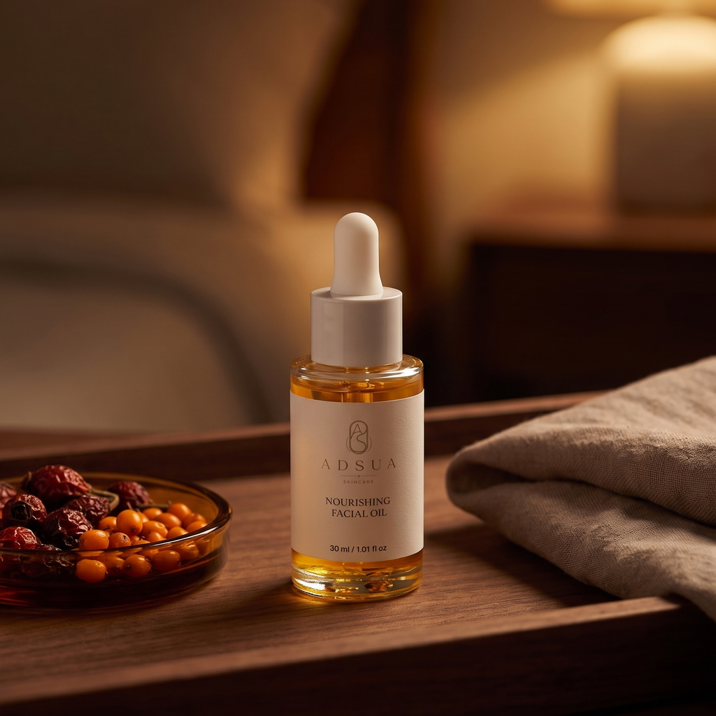Adsua Nourishing Facial Oil op een houten dienblad bij lamplicht, met gedroogde rozenbottels en duindoornbessen