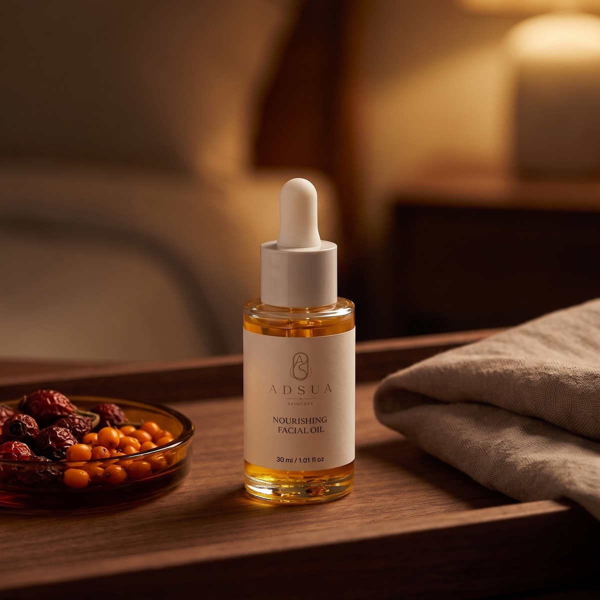 Adsua Nourishing Facial Oil op een houten dienblad bij lamplicht, met gedroogde rozenbottels en duindoornbessen