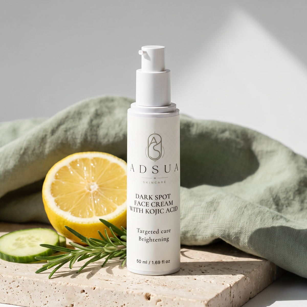 Adsua Dark Spot Face Cream op travertijn met saliegroen linnen, een halve citroen, komkommer en rozemarijn