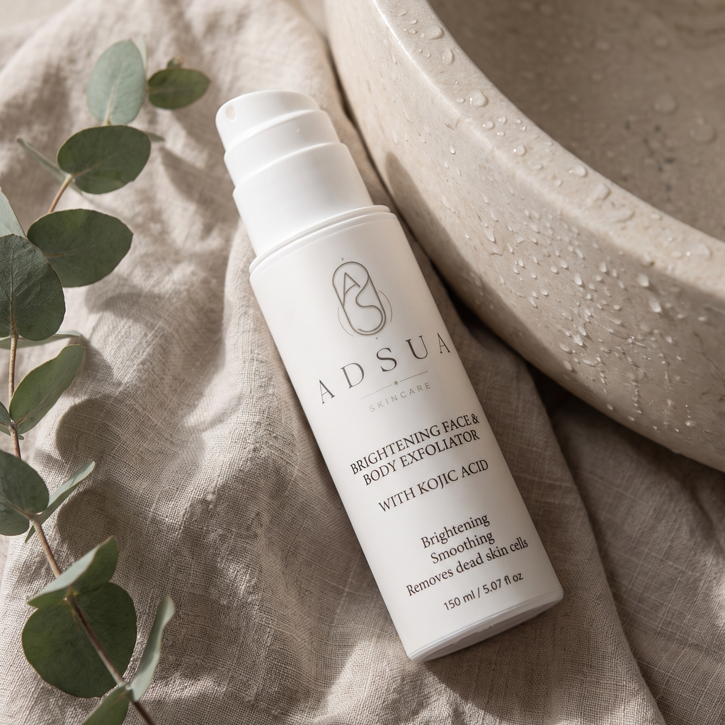 Adsua Brightening Face & Body Exfoliator liggend op linnen naast een stenen wasbak, met eucalyptus en waterdruppels