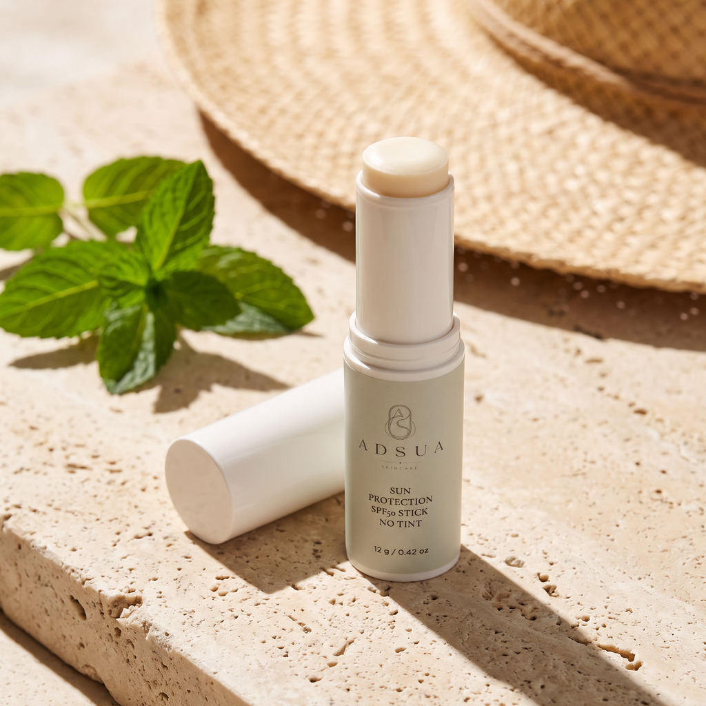 Adsua Sun Protection SPF50 Stick geopend op een travertijnen rand in fel zonlicht, met munt en de rand van een strohoed