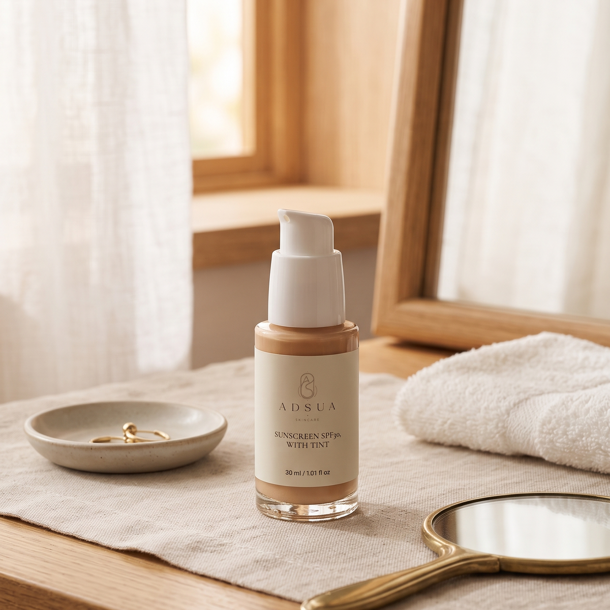 Adsua Sunscreen SPF30 with tint op een linnen loper bij een kaptafel, met een handspiegel en een ringenschaaltje