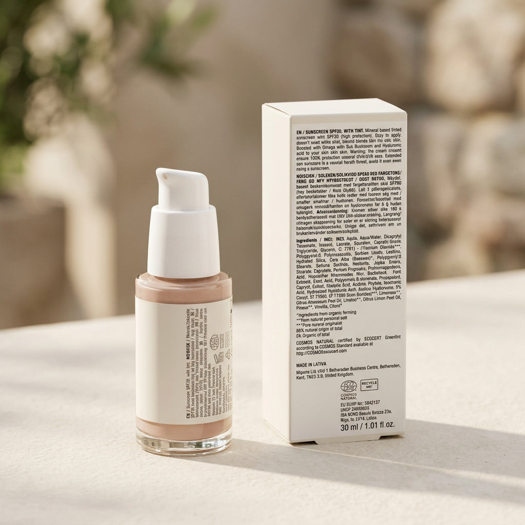 Achterkant van de Adsua Sunscreen SPF30 with tint met de ingrediëntenlijst en het Ecocert COSMOS Natural-keurmerk