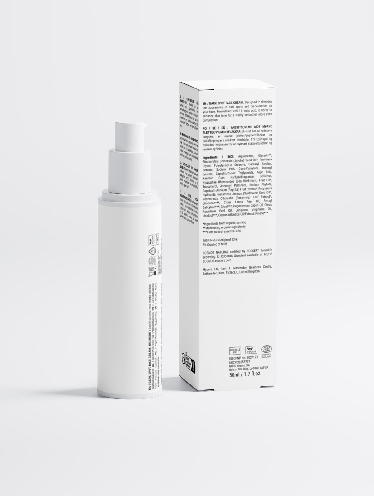 Achterkant van de Adsua Dark Spot Face Cream met de ingrediëntenlijst en het Ecocert COSMOS Natural-keurmerk