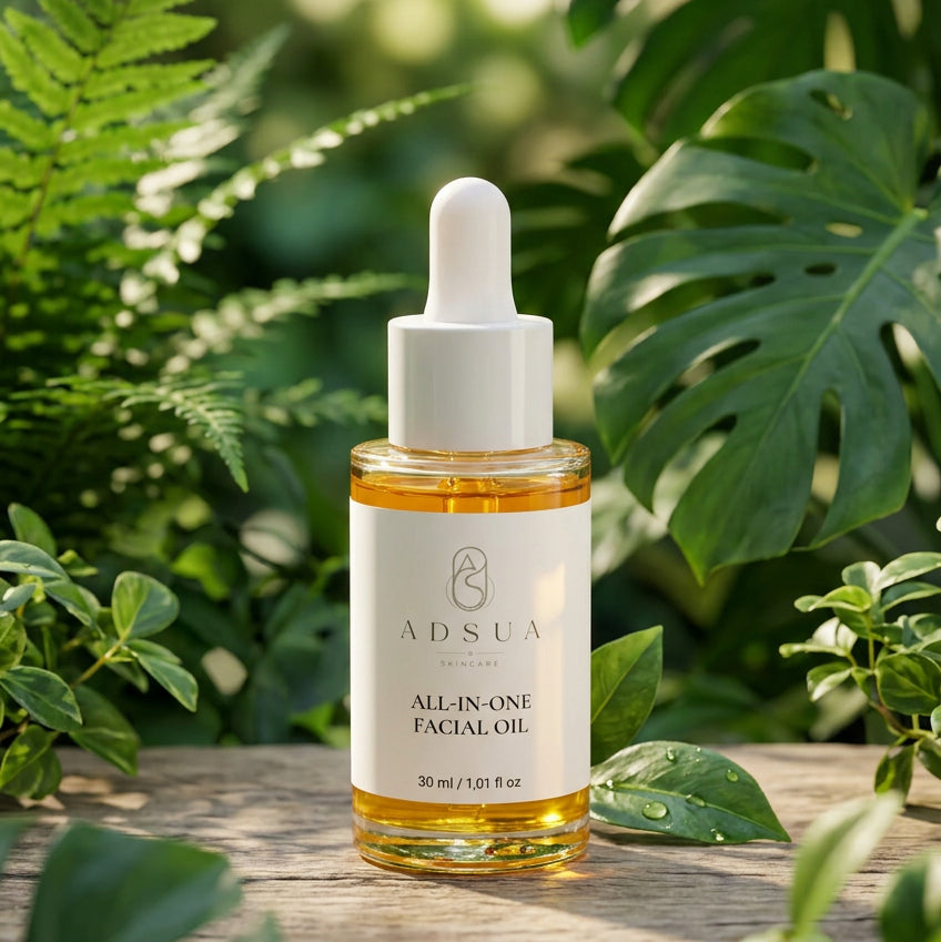 Adsua All-In-One Facial Oil, glazen pipetflesje van 30 ml met amberkleurige olie